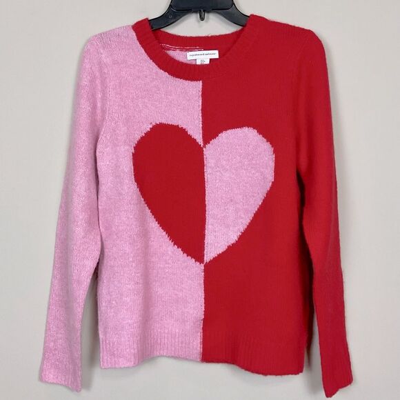 Cupcakes and Cashmere Heart Sweater Red and Pink Color Block Crewneck Sz S - Picture 1 of 5